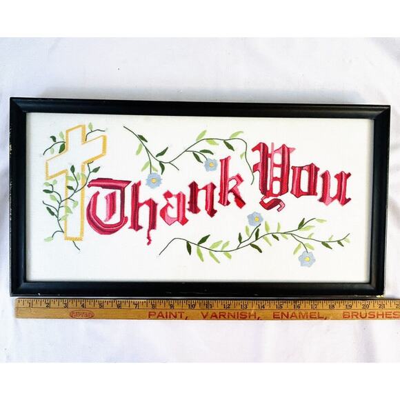 Vtg Framed Handwork Embroidery Needlework Thank You Floral Cross 21” x 10.75” - Picture 2 of 7